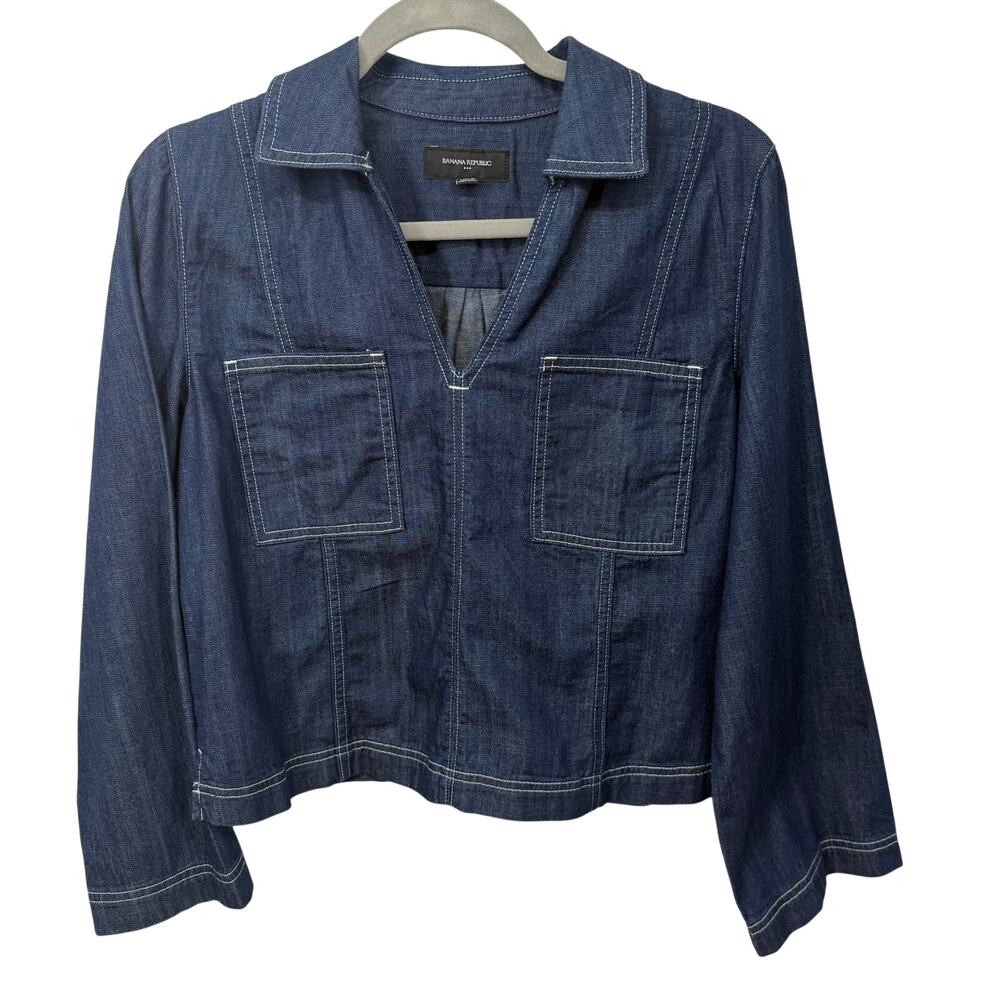 Banana Republic Cropped Denim Popover Top S Contrast Stitch Johnny Collar Blue